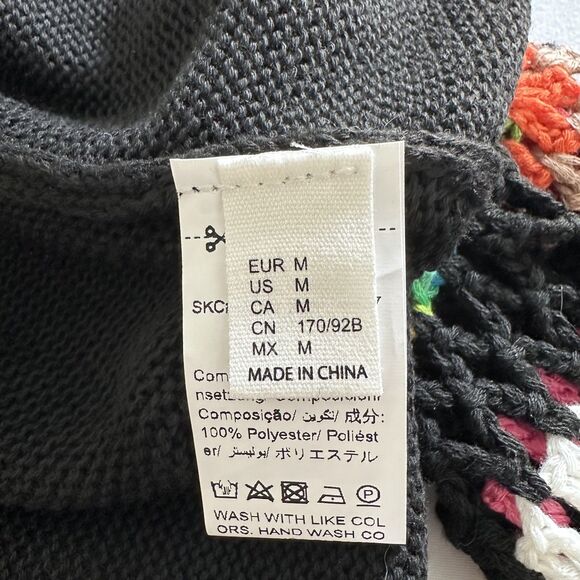 Black Open Front Cardigan Medium Crochet Colorful Granny Square Sleeve Boho - Picture 5 of 13